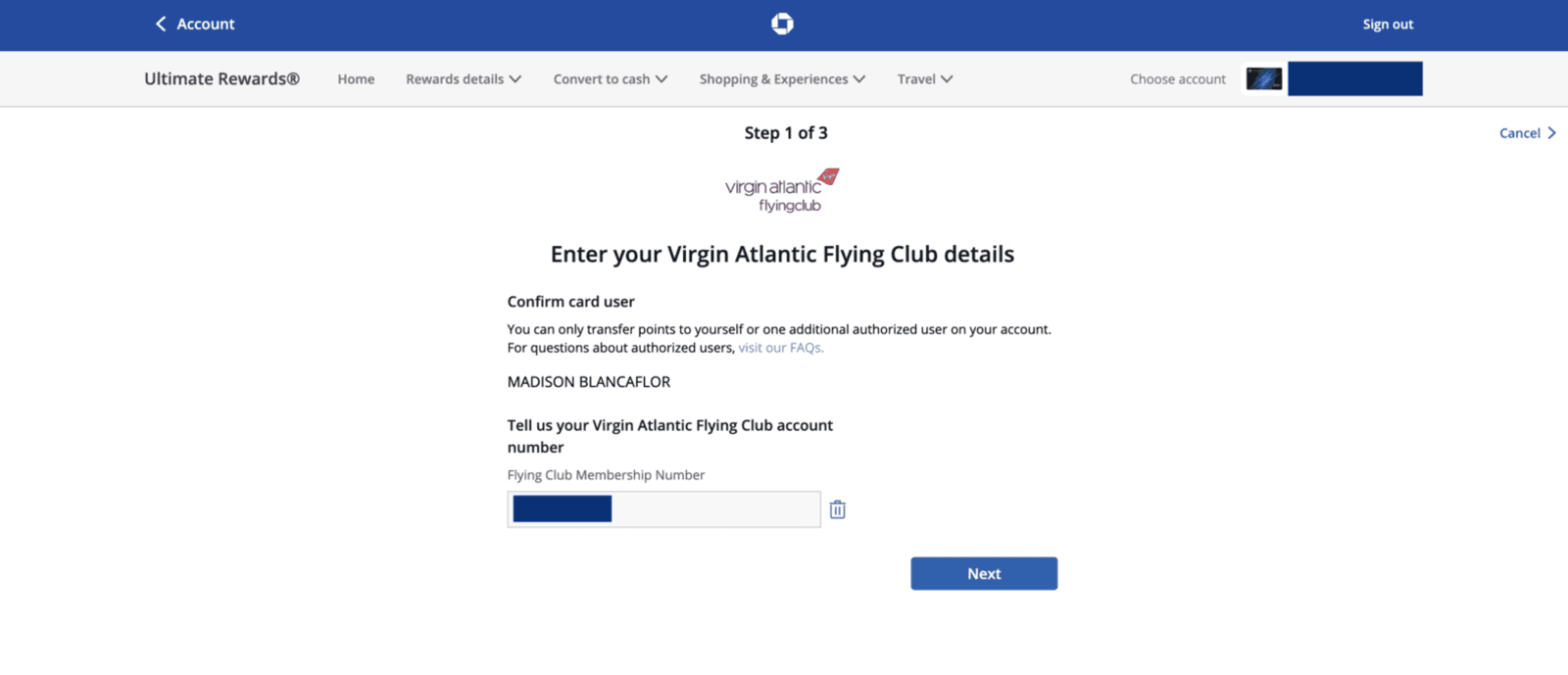 Screenshot of Chase transfer process to Virgin Atlantic